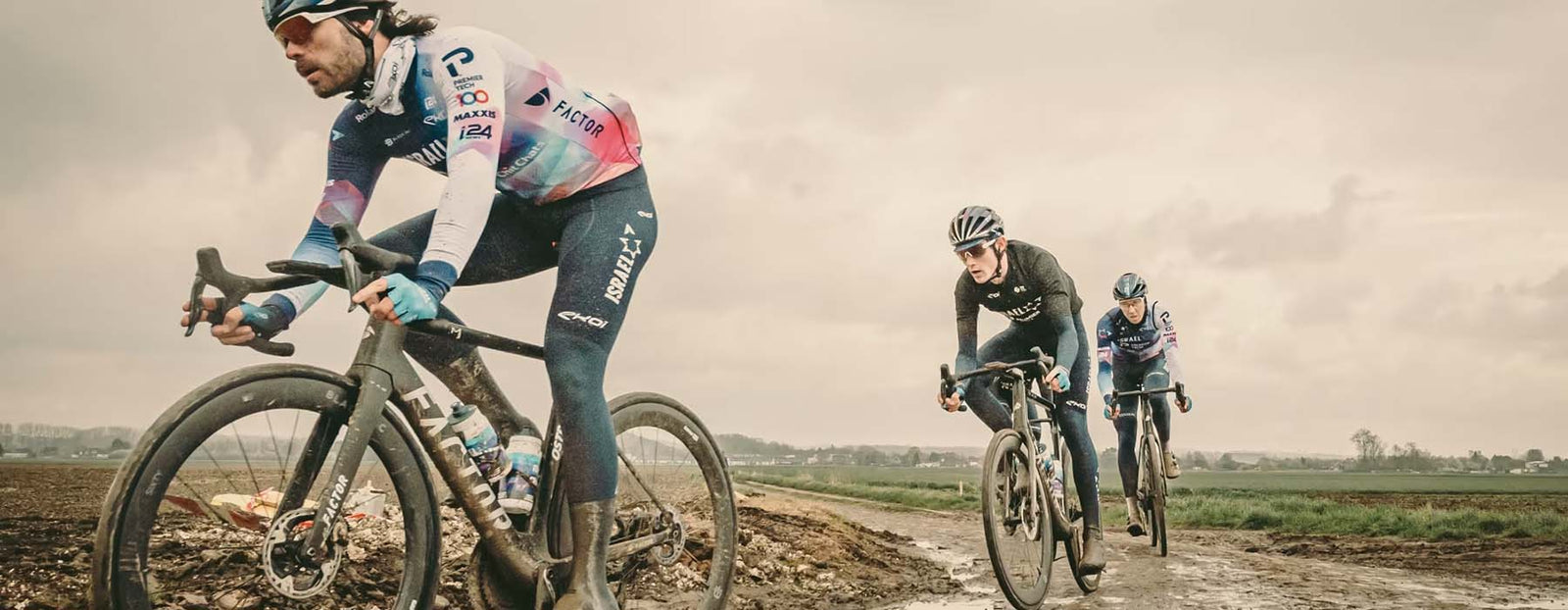 Factor Israel Premier Tech riders in a Spring Classic race full of mud