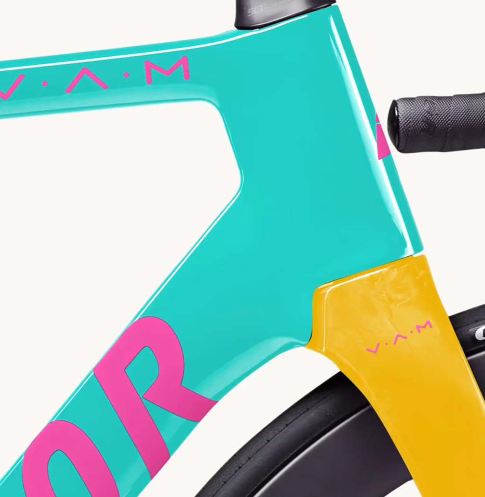 Factor Bike head tube area, cyan, yellow fork