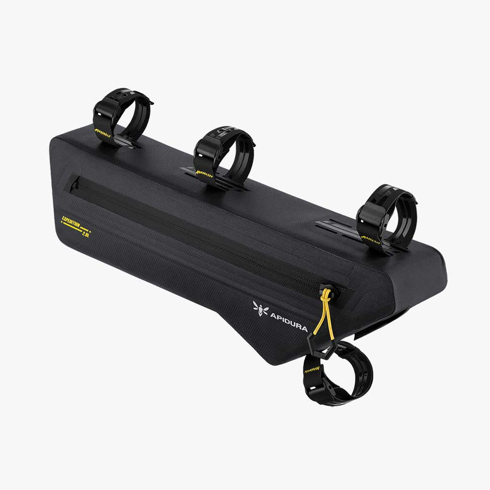 Black bike rack with yellow accents on a white background