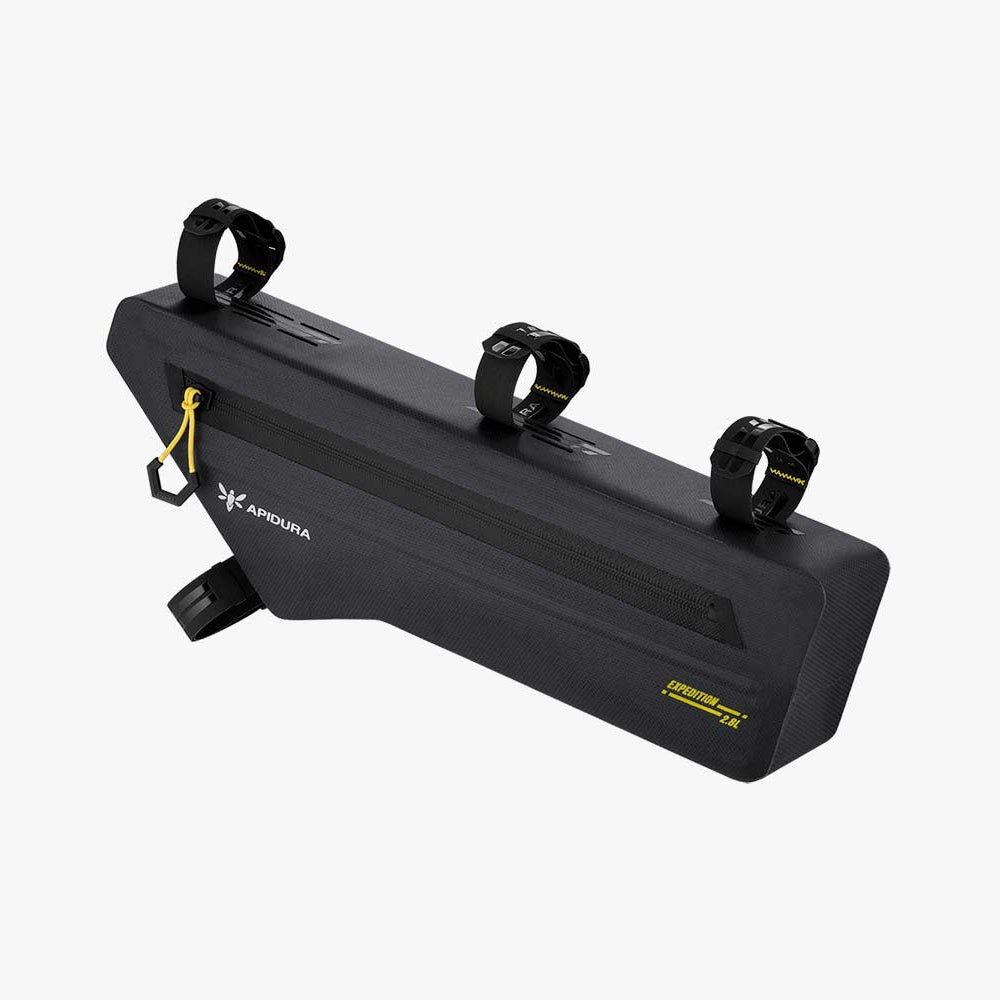 Black bike frame bag with straps on a white background