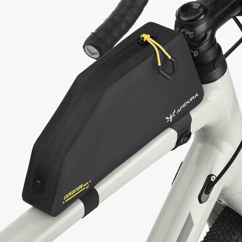Bicycle frame bag with brand logo on a white background